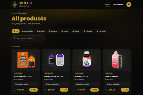 Groove SD product menu, showing categories, stock counts and per-product options