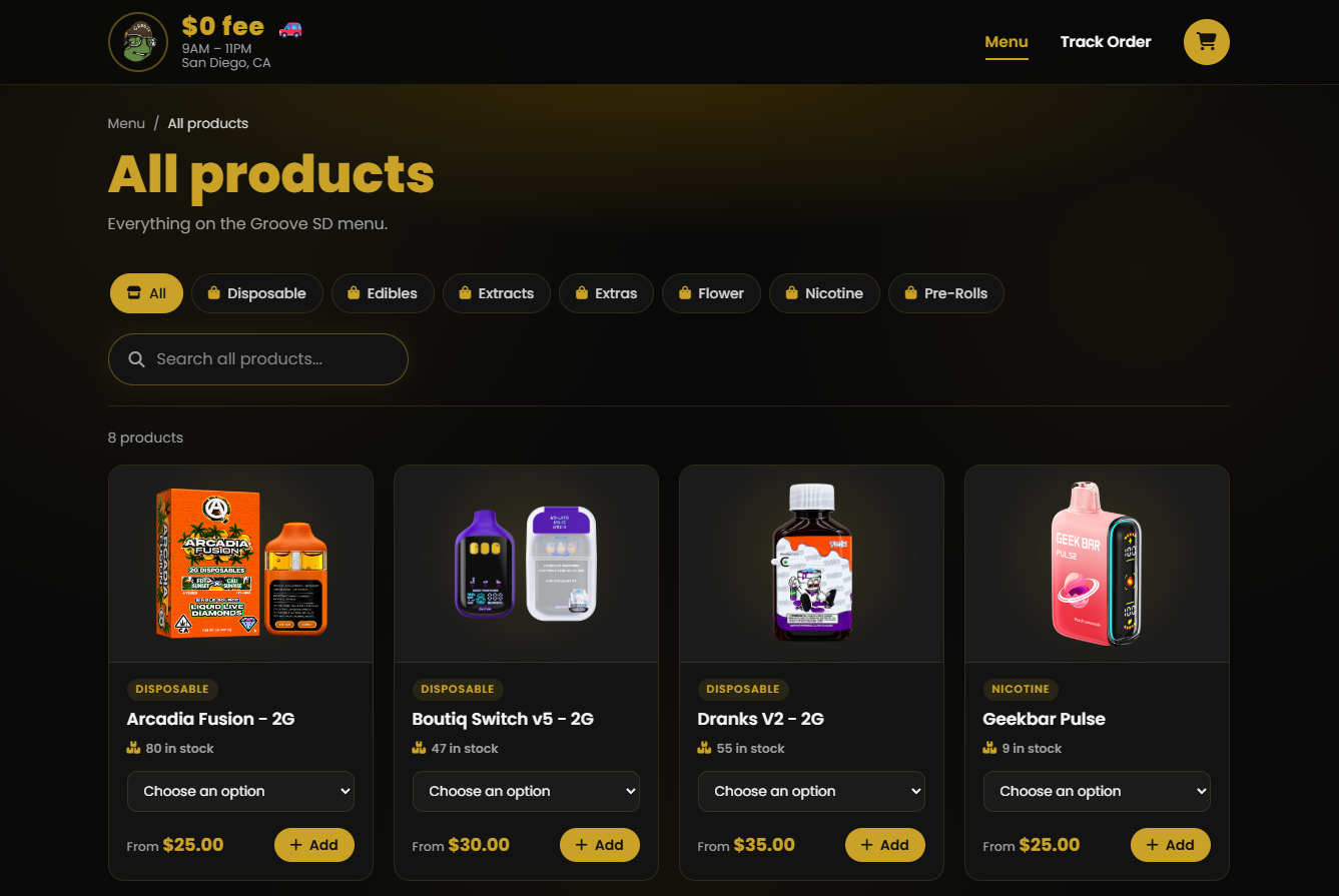 Groove SD product menu, showing categories, stock counts and per-product options