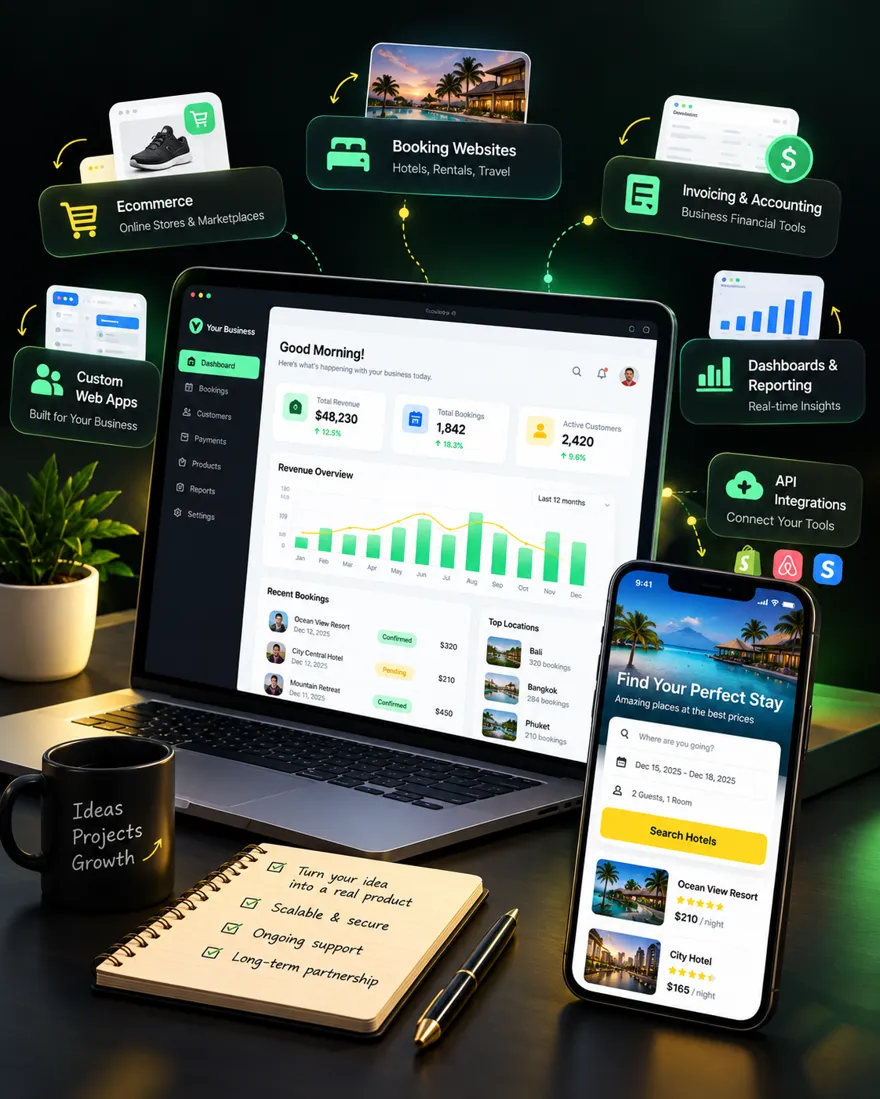 A laptop showing a business dashboard beside a phone showing a hotel booking app, surrounded by labels for ecommerce, booking websites, invoicing and accounting, custom web apps, dashboards and reporting, and API integrations.
